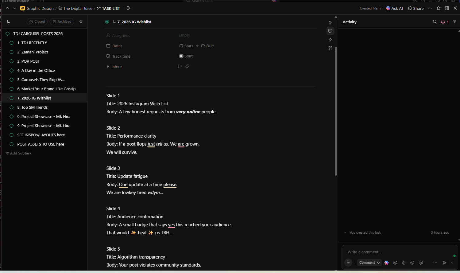 ClickUp task management – The Digital Juice content planning